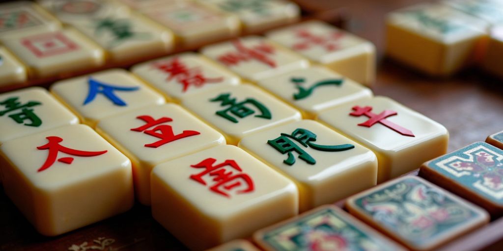 Traditional Mahjong set with colorful tiles.