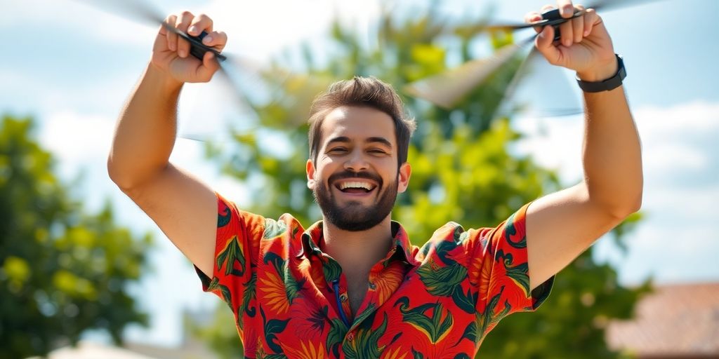 Man spinning arms like helicopter blades, smiling.