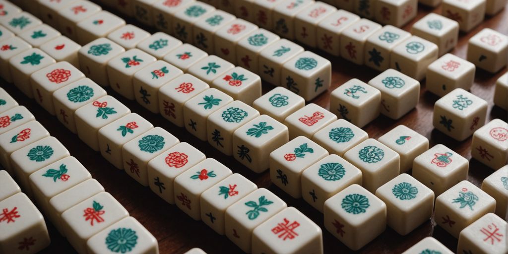 Various Mahjong tiles of different sizes on a table.