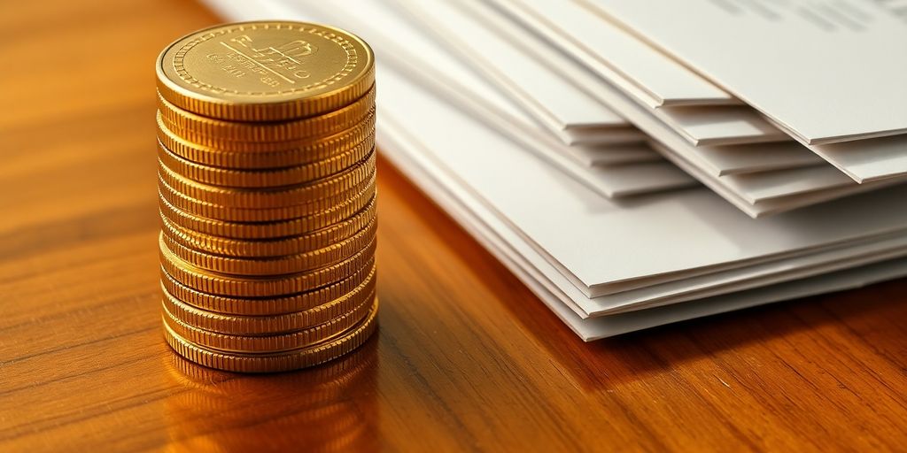 Pièces d'or empilées avec des documents juridiques.