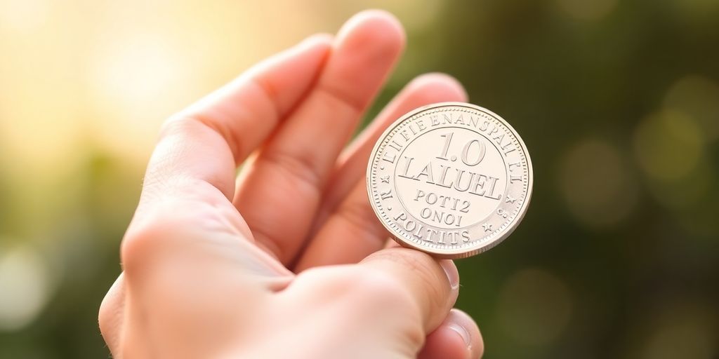 Une main tenant une pièce de monnaie argentée.