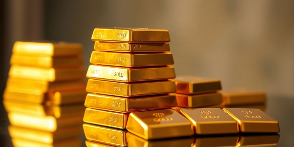 Barres d'or empilées sur une surface réfléchissante.