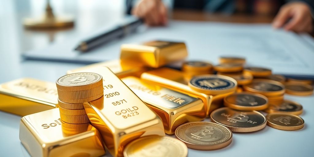Gros plan sur des lingots d'or et une table notariale.