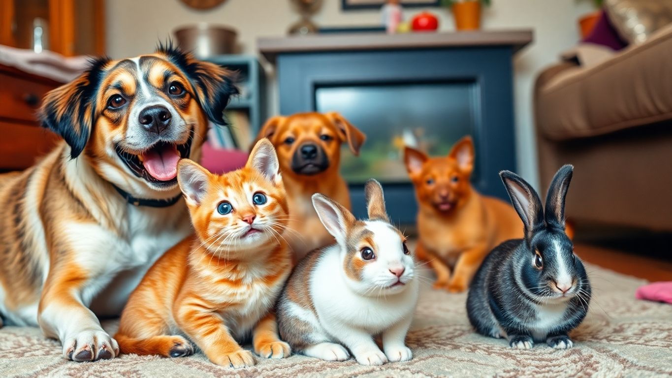 Animais de estimação brincando em um ambiente acolhedor.