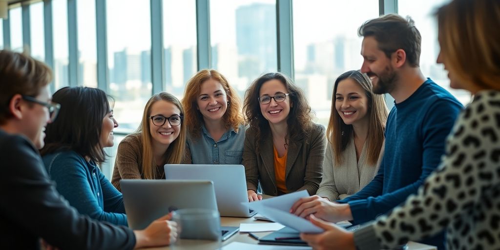 Sunlight illuminates diverse people collaborating on a thriving business.