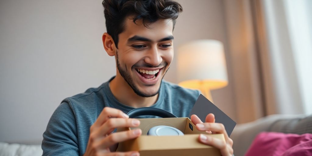 Boyfriend receiving a sleek, modern tech gadget.