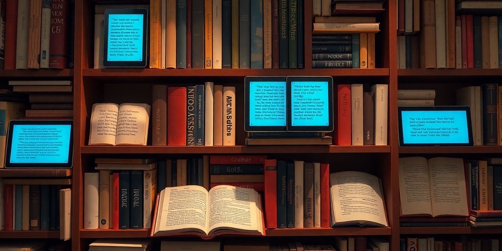 Bookshelf with AI-generated literature and glowing screens.