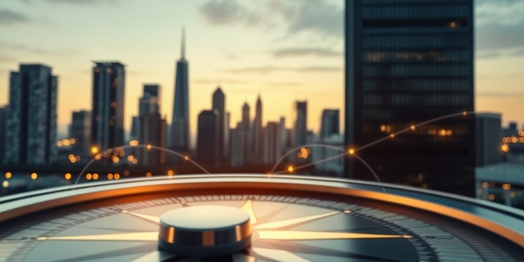 Digital compass guiding business growth in a cityscape.