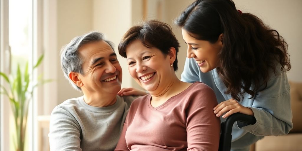 Caregiver supporting family member, healthy and happy.