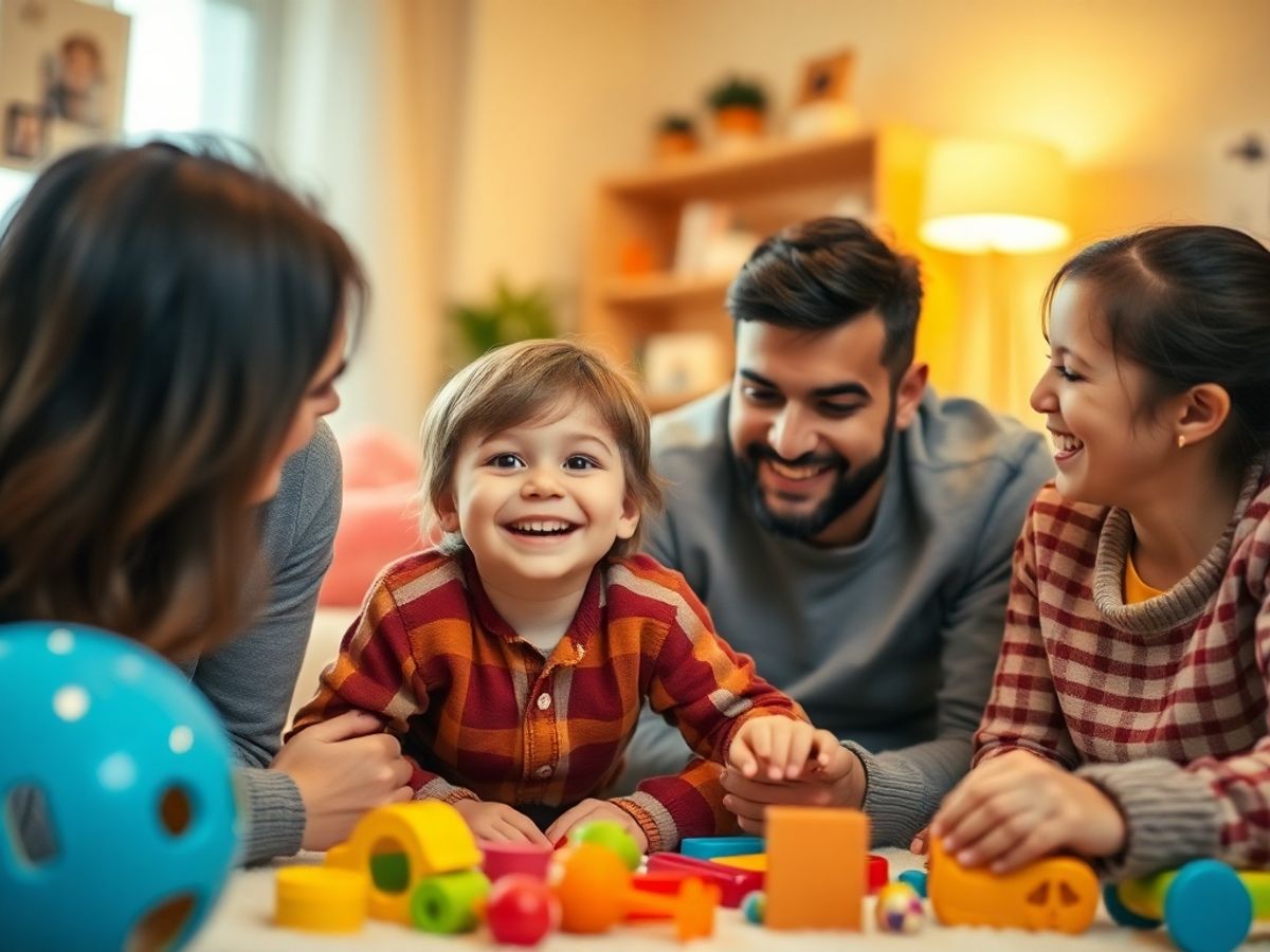 Familie fericită jucându-se împreună acasă.