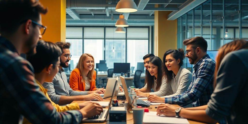 Young entrepreneurs collaborating in a modern office setting.