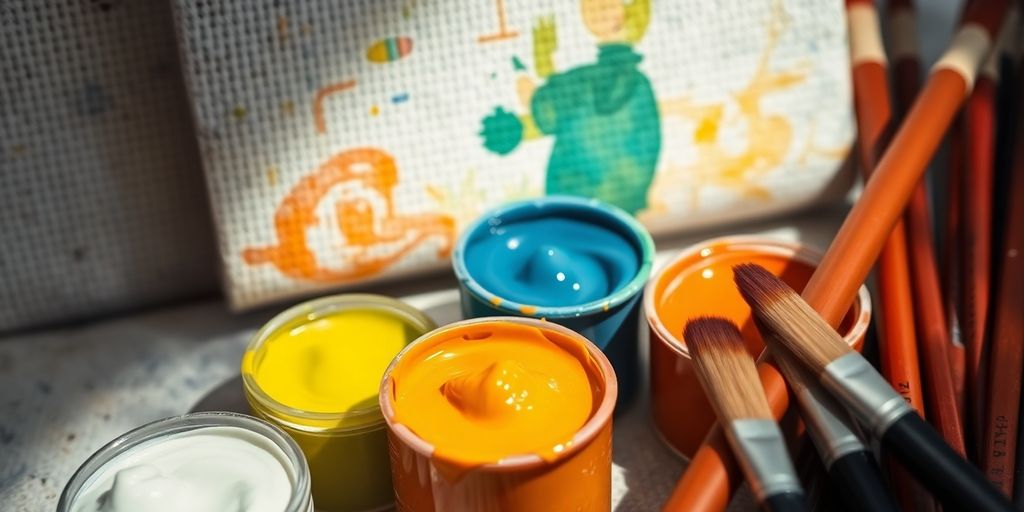 Vibrant tempera paints, brushes, and a canvas.