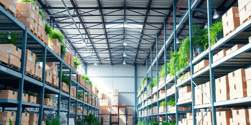 Sustainable warehouse interior with green plants and efficiency.