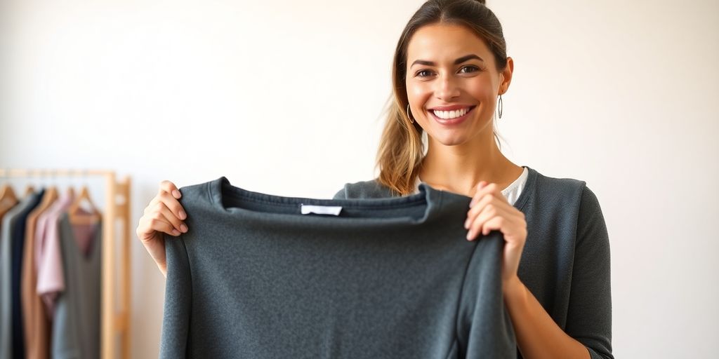 Woman happily trying on clothes with a perfect fit.