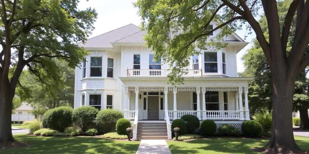 Victorian-style house with updated exterior and lush landscaping.
