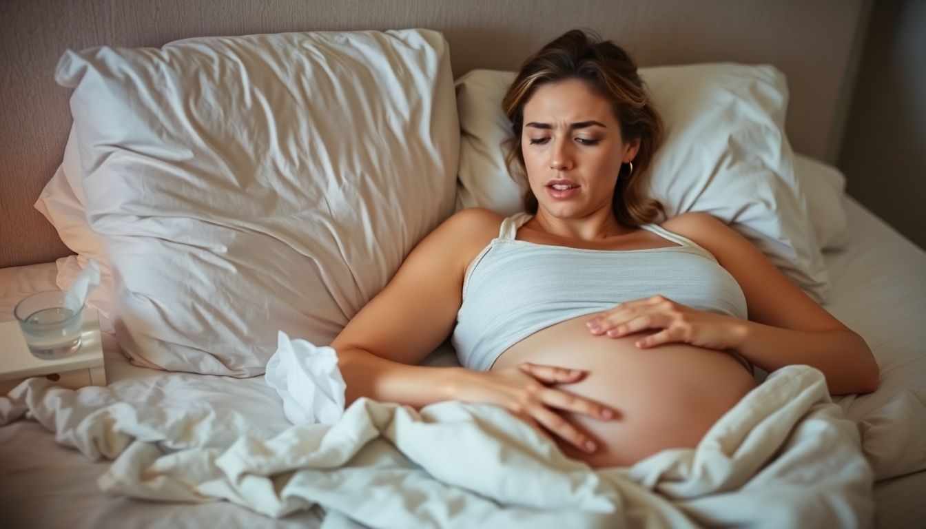Pregnant woman in bed with Grippe symptoms.