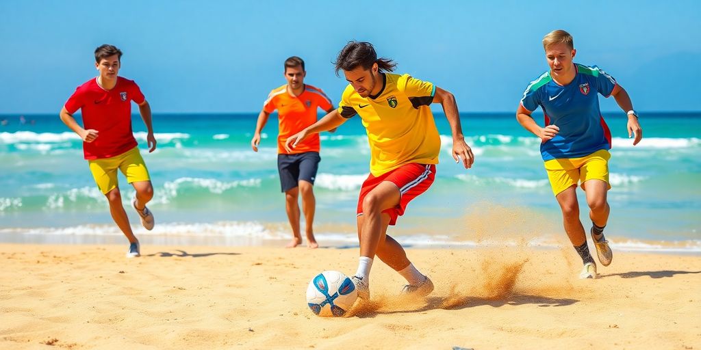 Players engaged in beach soccer on sandy shore.
