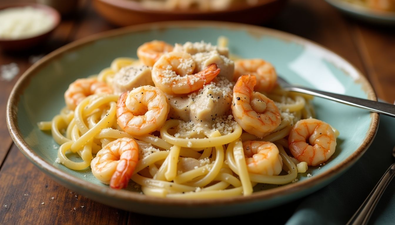 Plate of Chicken and Shrimp Carbonara with creamy pasta.