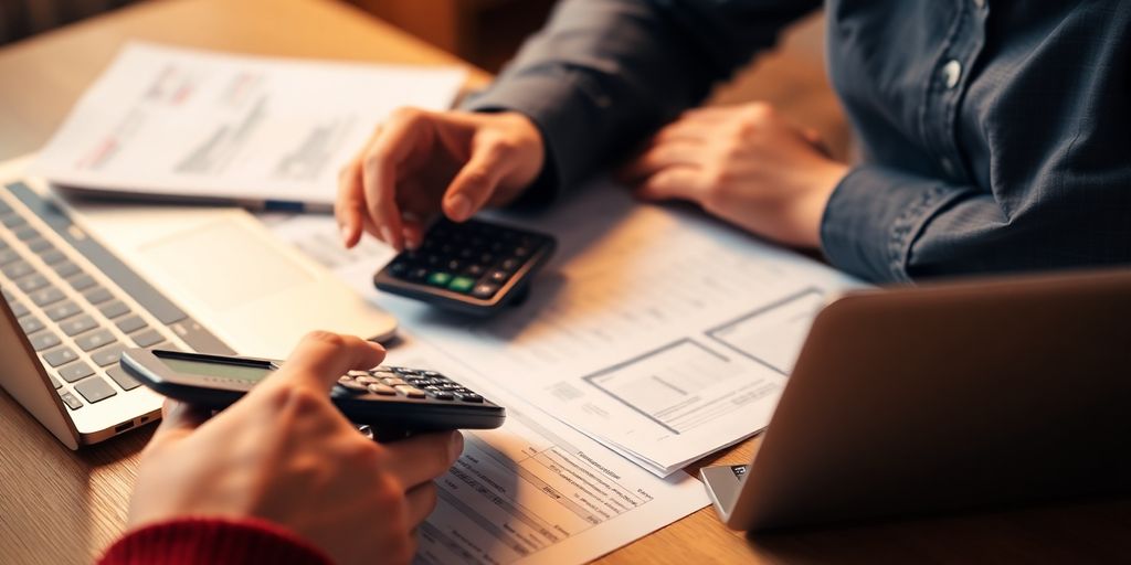 Pessoa monitorando finanças com calculadora e documentos.