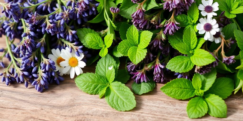 Assorted fresh herbs for natural pain relief