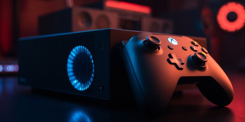 Xbox Series X console with glowing controller.
