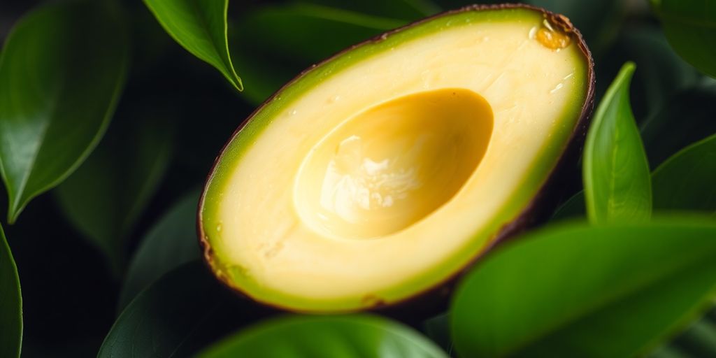 10 Benefícios do abacate - 10 Motivos para incluir no seu cardápio 3 Imagem de abacate cortado ao meio com folhas verdes.