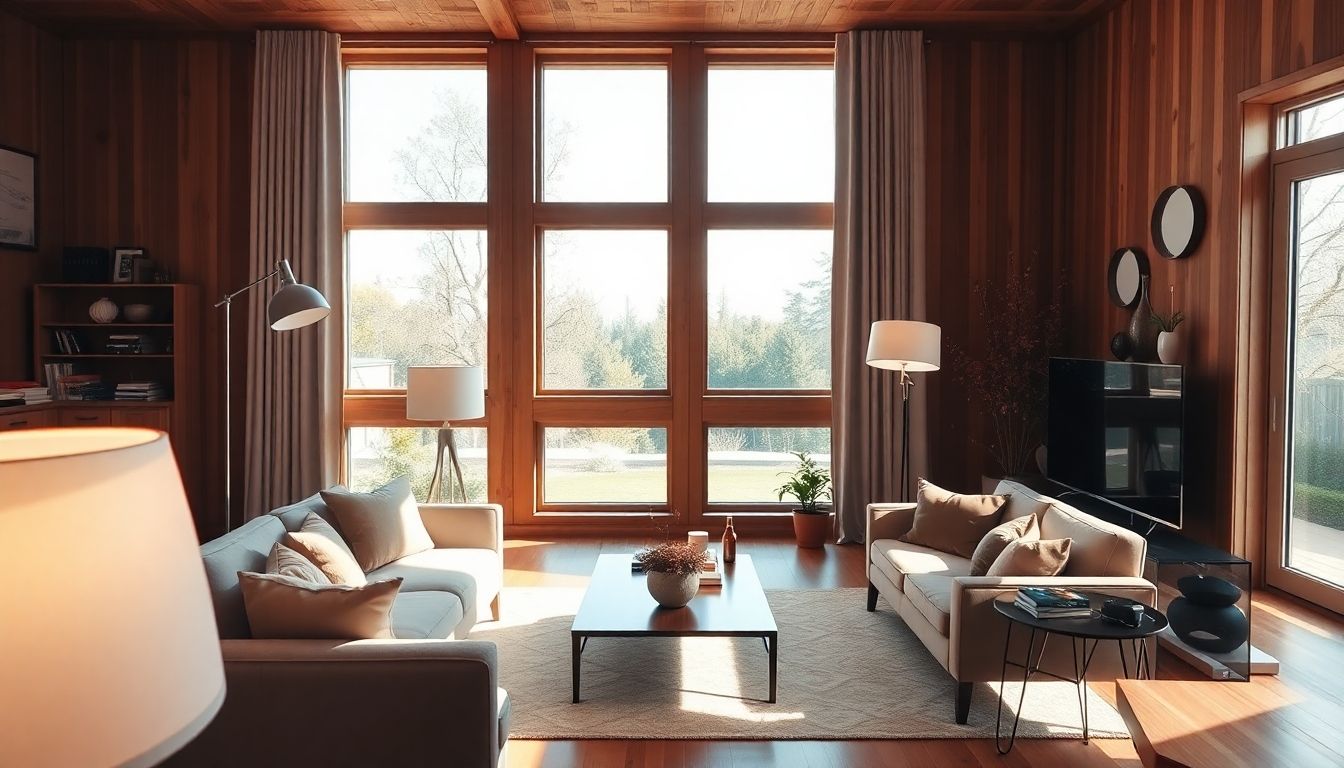 Modern living room with warm lighting and large windows.