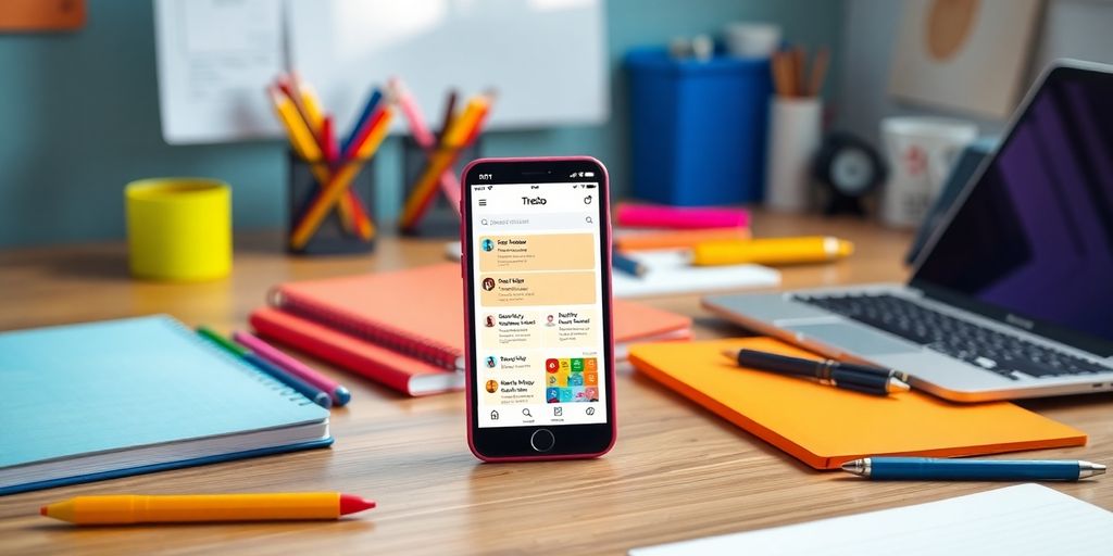 Smartphone mit Trello-App auf einem kreativen Arbeitsplatz.