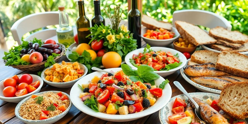 Mediterranean feast with fruits, vegetables, and rustic bread.