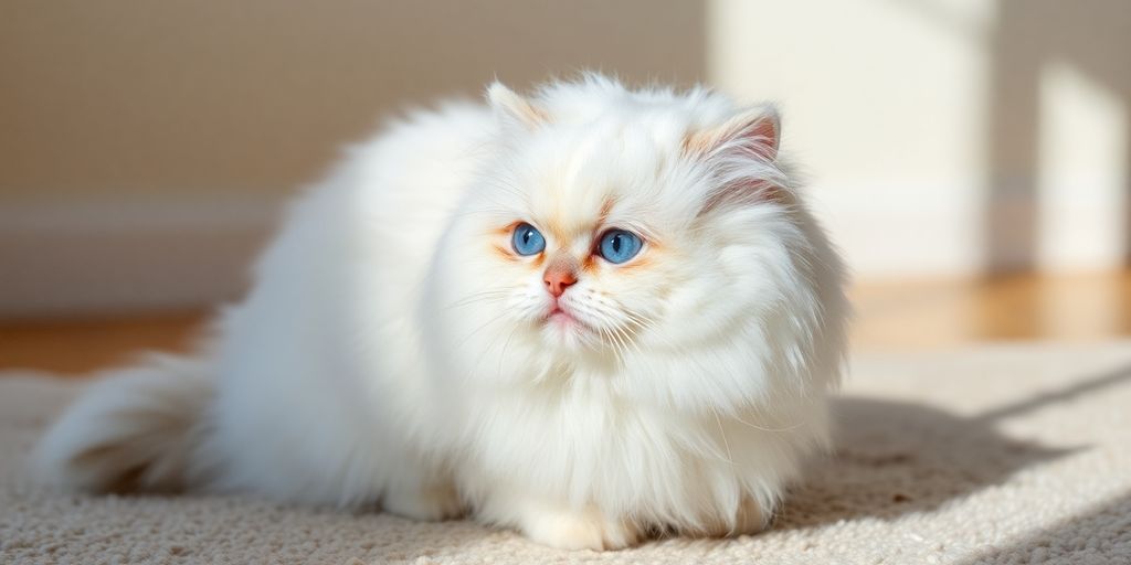 Fluffy white Persian cat with blue eyes indoors