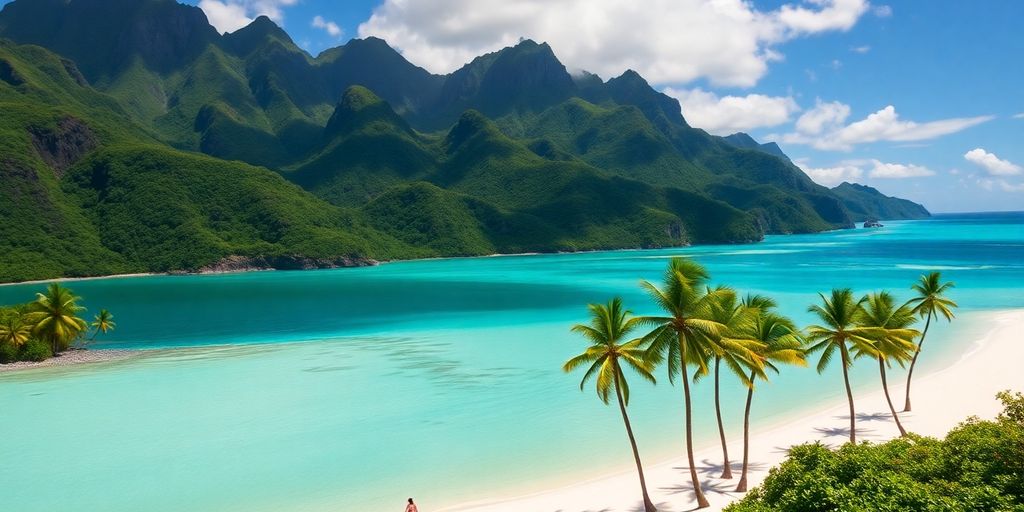 Tropical island paradise with lush greenery and turquoise waters.