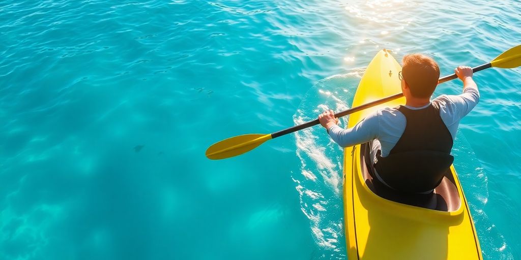 Kayaker paddling smoothly on calm blue water.