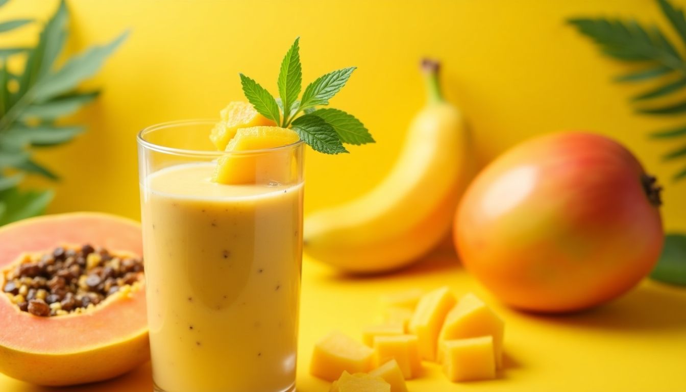Mango and Papaya Smoothie in a tropical setting.