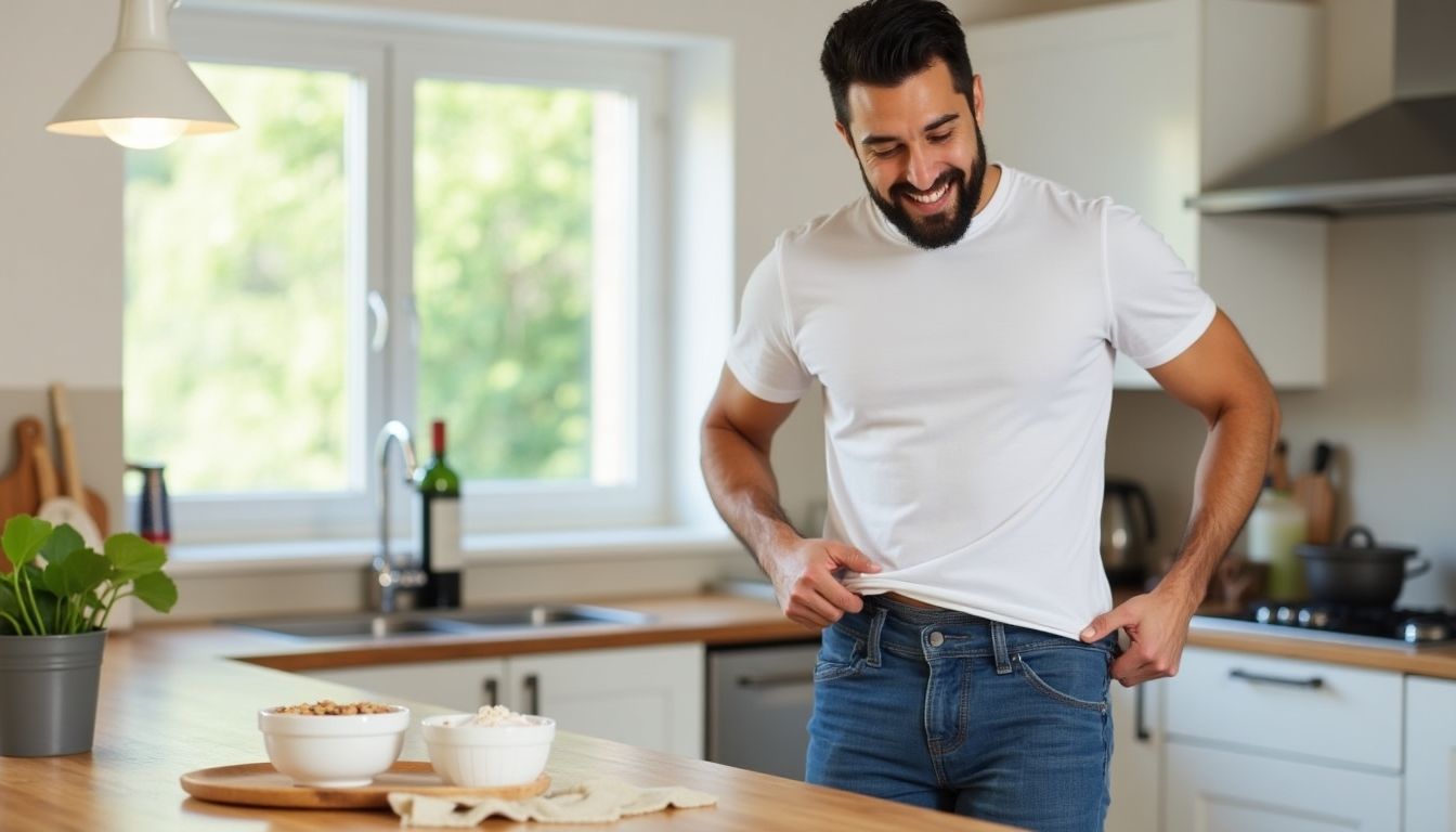 Man checking loose pants after successful weight loss.