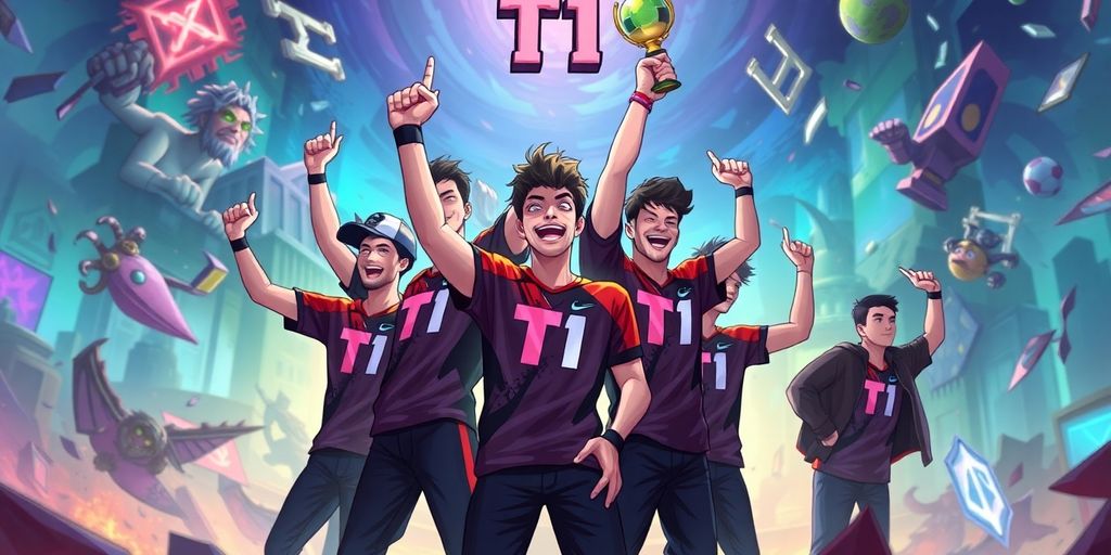 T1 celebrating victory on a digital stage.