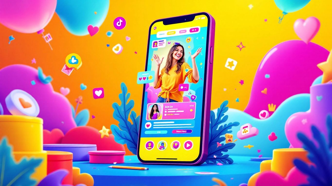Smartphone displaying TikTok videos with colorful animations.