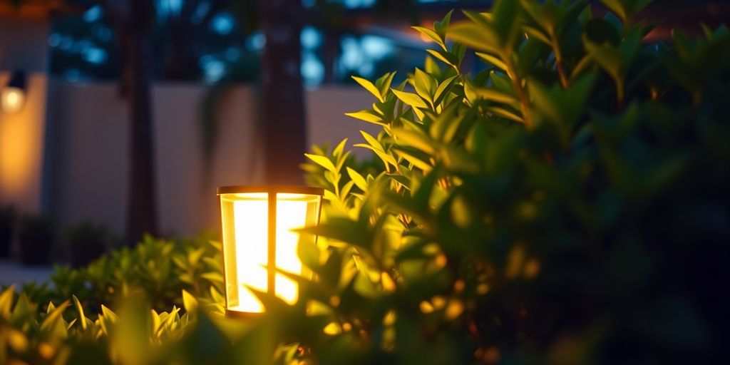 Landscape lighting illuminates a lush Austin garden at dusk.
