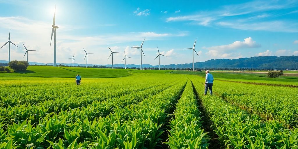 Farmers cultivating sustainable crops in a green landscape.