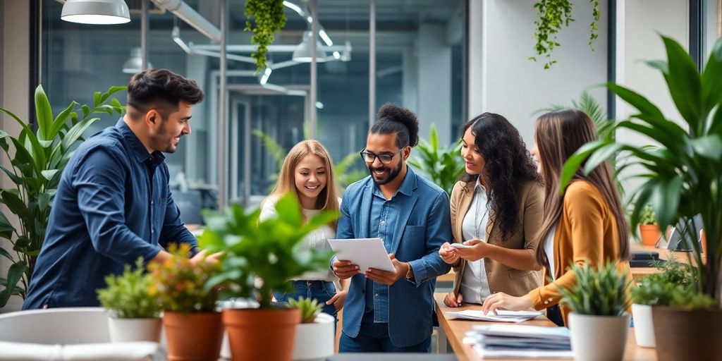 Diverse professionals collaborating in a sustainable workspace.