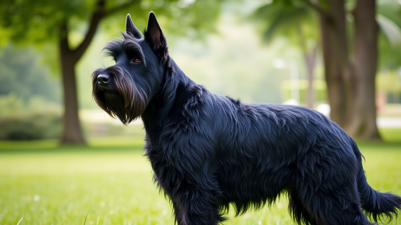 Russian Black Terrier in a green park.