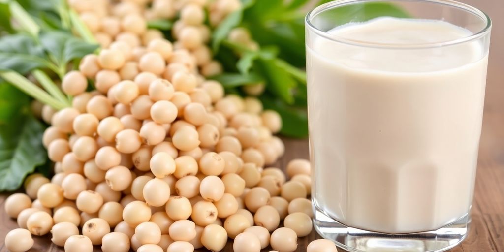 Soybeans and a transparent glass of soy protein shake.