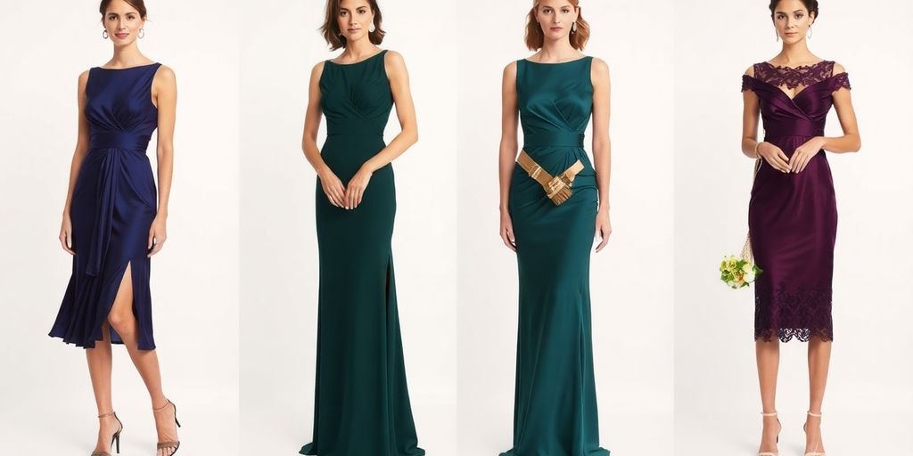 Elegant formal wedding guest dresses in various colors.