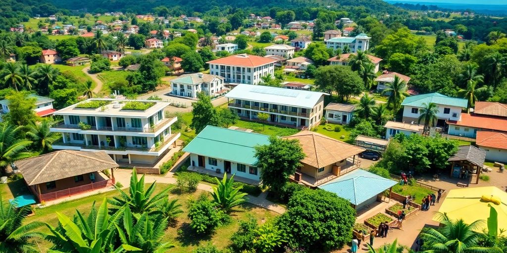 Liberia's lush landscape with modern eco-friendly structures.