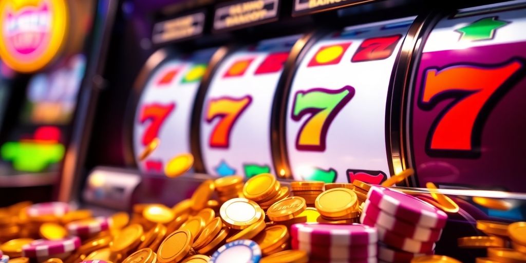 Slot machine reels with glowing coins and chips.