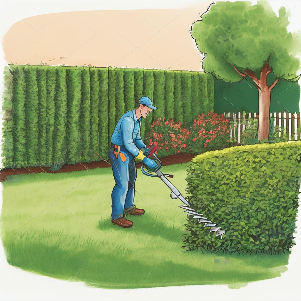 gardener trimming a hedge in a backyard
