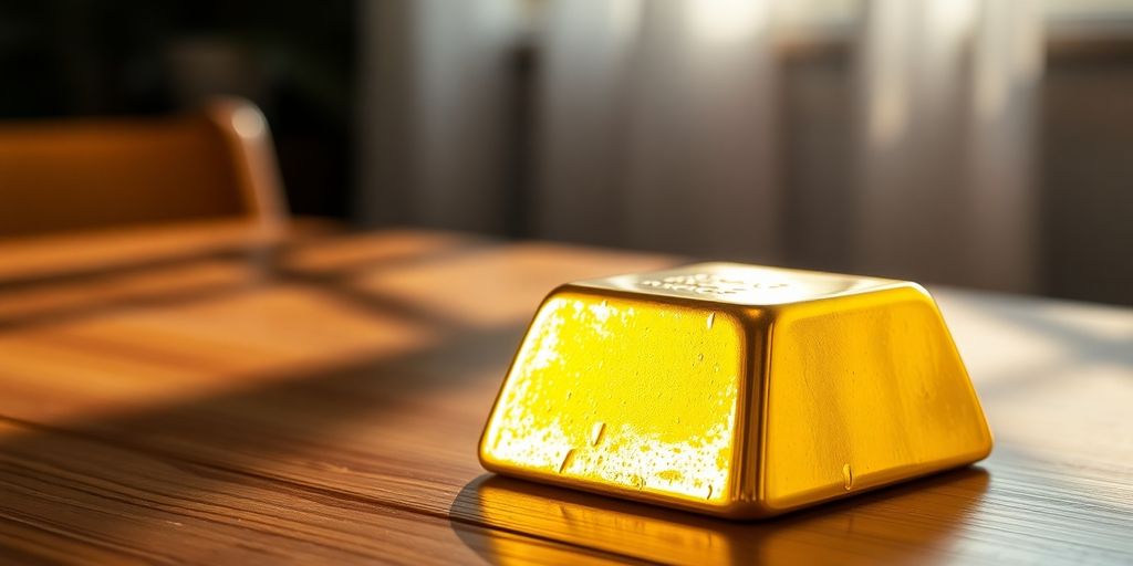 Lingot d'or sur une table en bois.