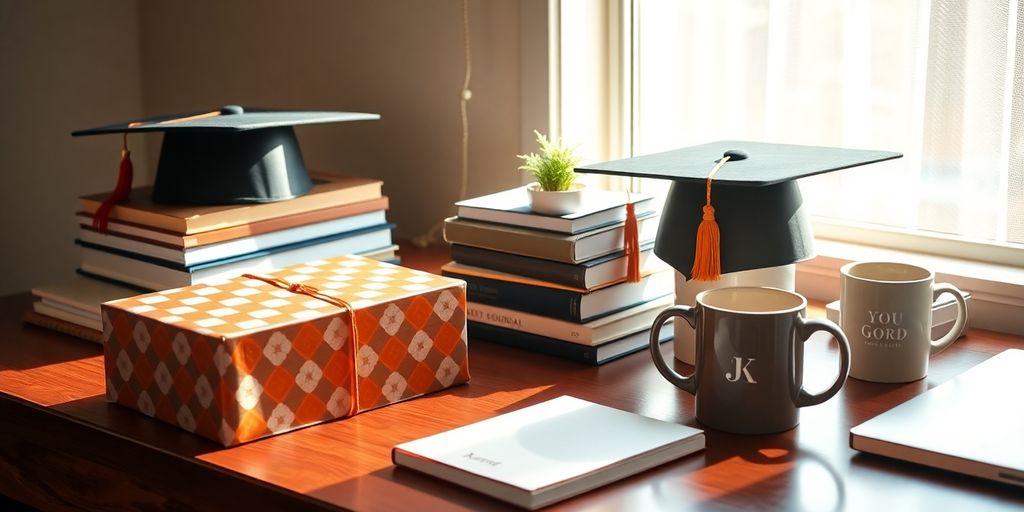 Graduation cap, wrapped gift, books, laptop on a sunlit desk.