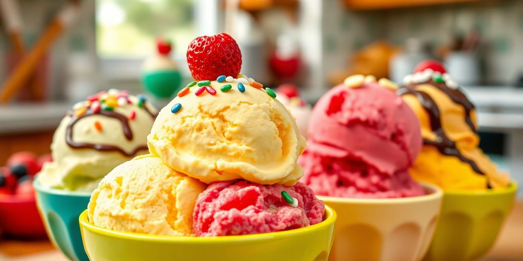 Colorful bowls of homemade ice cream with toppings.