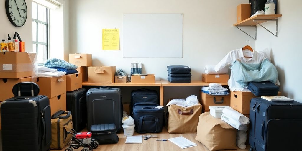Organized workspace with packing materials.