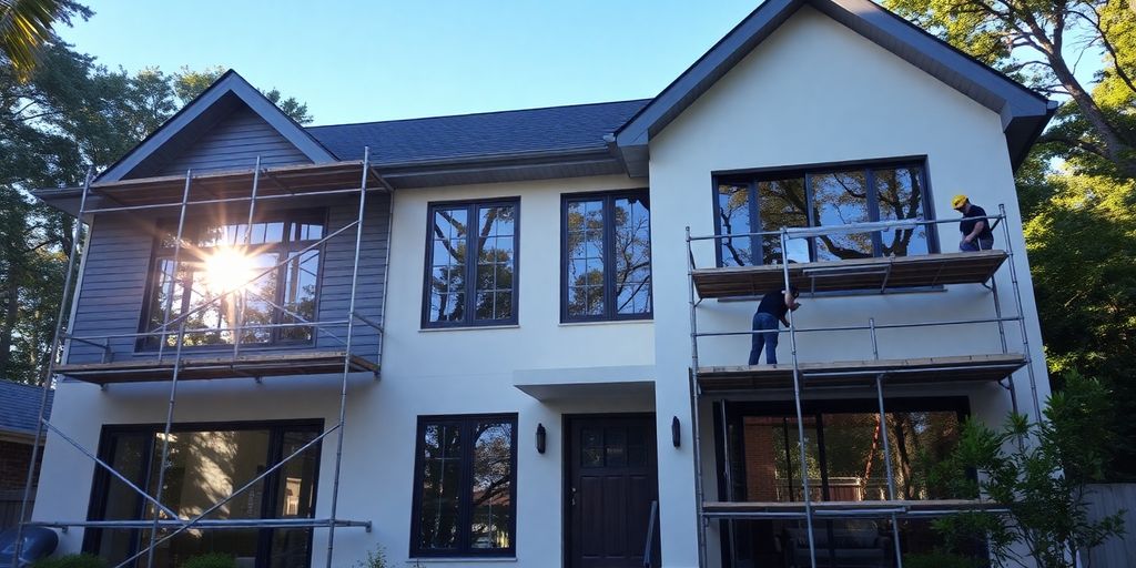 Buckhead home undergoing renovation with construction workers.